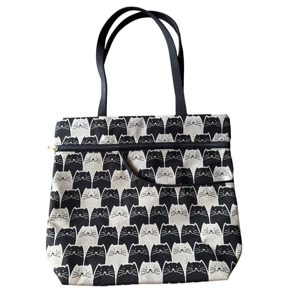 Danny K. Isabella Cat Print Tote Shoulder Bag Tapestry Zip Pockets Black Cream